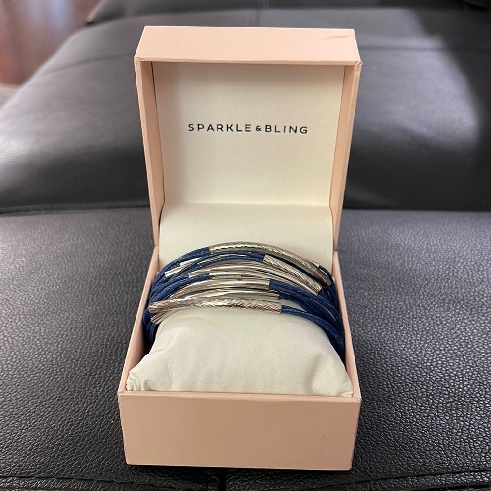 Sparkle and Bling Blue Leather Bracelet with Silver